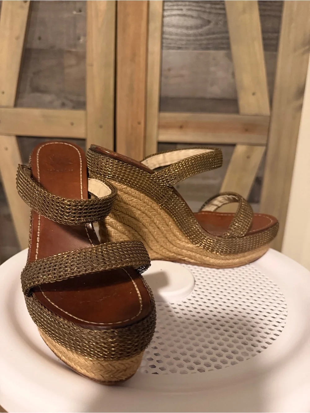 Christian Louboutin Olive Braided Wedge Sandals with Gold Ankle Chain